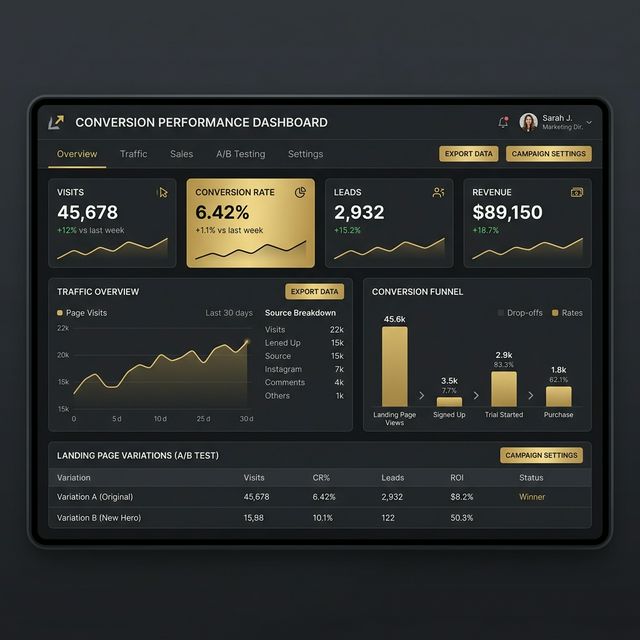 Painel de métricas de conversão e gráficos de vendas